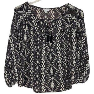 AEO L Peasant Blouse Tribal Ikat Layered Open Back Tassels Long Sleeves Black